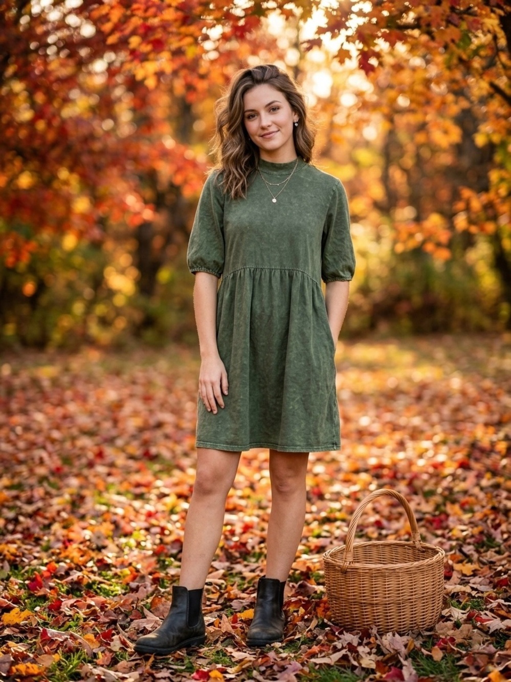 Vylette Olive Green Mineral Wash Babydoll Dress Puff Sleeve Pockets